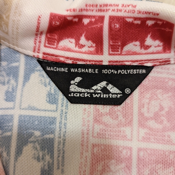 Vintage Jack Winter cream, red tan and blue postage stamp print top size Medium - Picture 7 of 8